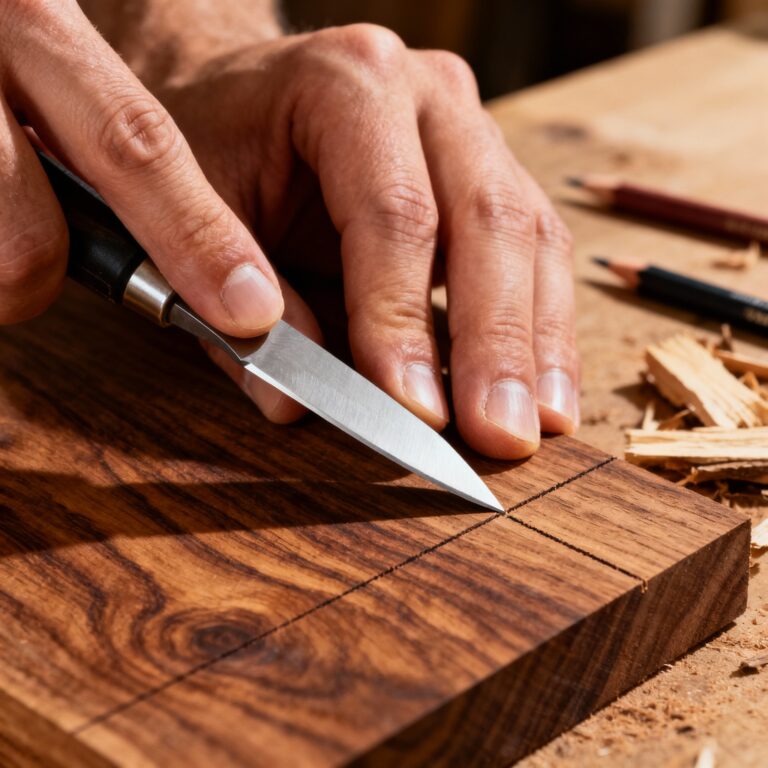 Accurate cuts table saw users achieve with a sharp marking knife vs. inaccurate cuts from dull pencil lines.