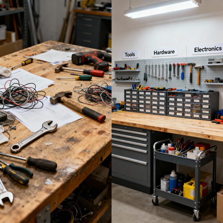 Tool organization workshop before and after — 15-minute system transforms cluttered space into functional zone.