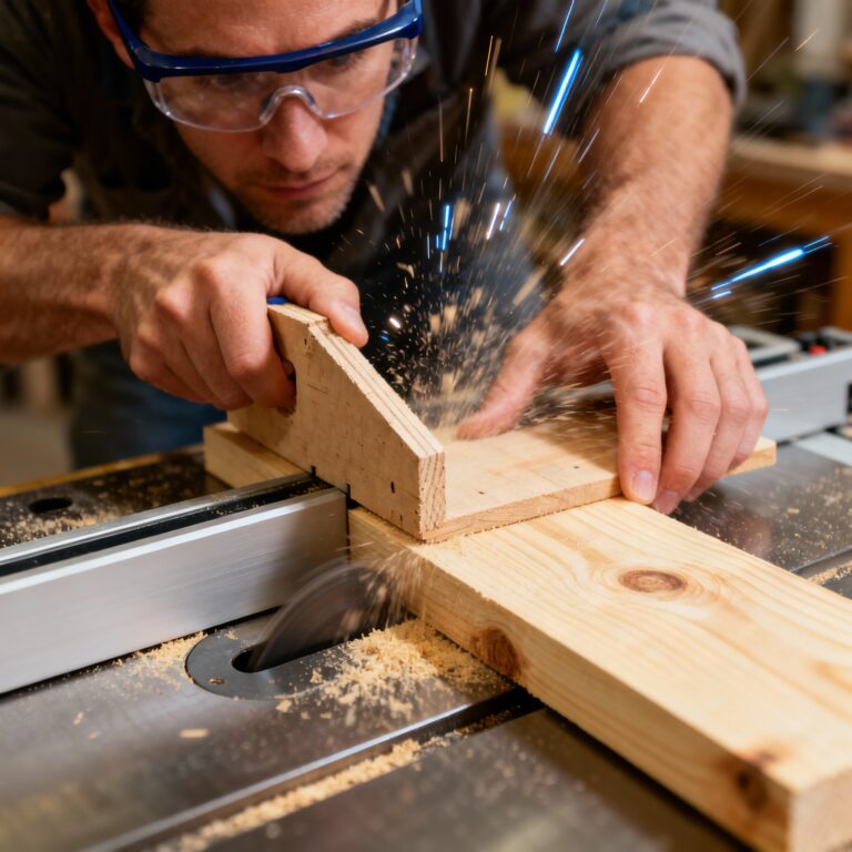 First woodworking project in action — using a homemade push stick for safe table saw rip cuts