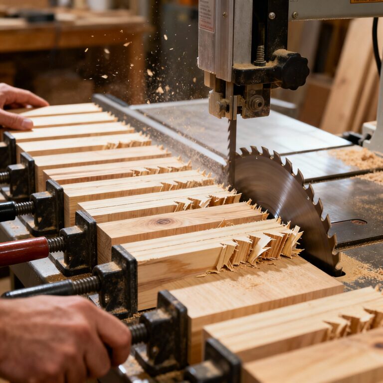 Workshop efficiency tips in action — batch cutting multiple boards at once for consistent, fast results.