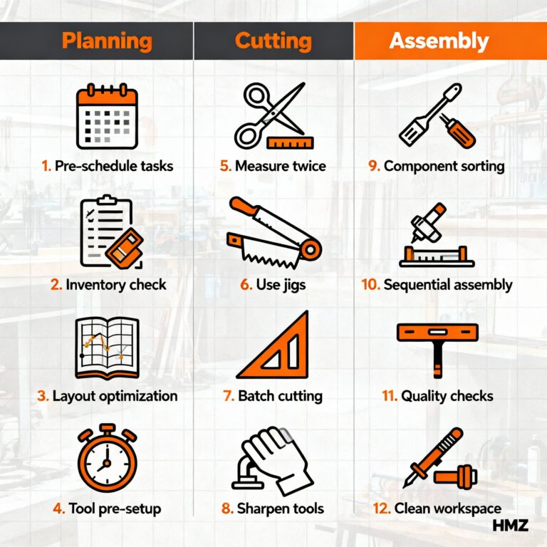 Workshop efficiency tips infographic — 12 pro strategies for doubling woodworking productivity