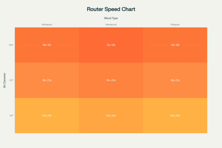 Router speed chart for beginners — recommended RPM by bit size and wood type to prevent burning.