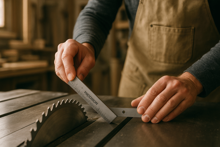 Table saw guide showing precision square measuring blade angle for proper alignment