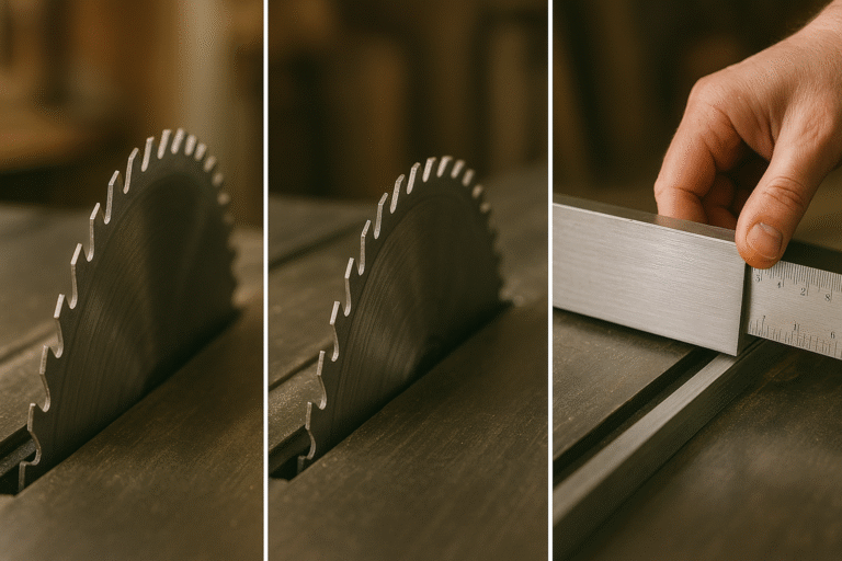 Table saw guide comparison: misaligned vs properly aligned blade and fence calibration