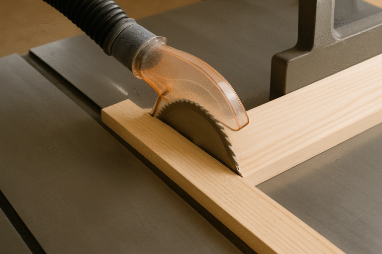 Close-up of hands-free table saw operation: a straight pine board being fed smoothly through a stationary table saw blade, guided firmly against a cast-iron fence. Dust collection hose attached to the blade guard, pulling away fine sawdust. Blade is sharp and clean, no smoke or burn marks visible. Table surface is waxed and debris-free. No human hands or body parts in frame—only wood, fence, blade, and tooling. Shot from a slight angle to show feed direction and table geometry.