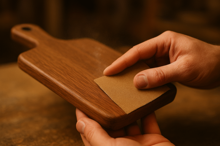 Sanding technique for beginner woodworking gifts showing proper hand position and grit progression for professional results on holiday projects.