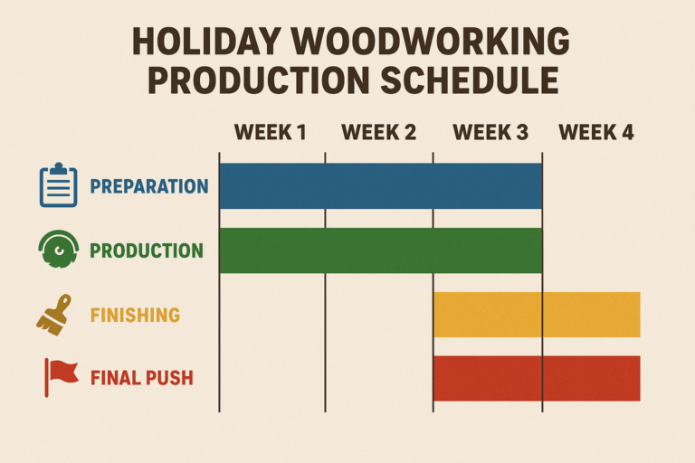 Holiday woodworking gifts production schedule infographic showing realistic 4-week timeline for beginners to make and sell handmade wooden gifts before Christmas