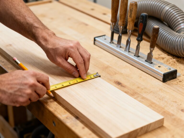 Efficient small workshop organization with tools within easy reach during active woodworking project