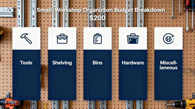 Small workshop organization budget breakdown infographic showing how to spend $200 effectively for maximum shop efficiency and tool accessibility in a clean horizontal format.