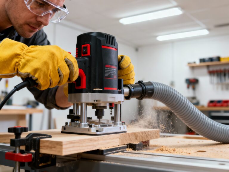 Perfect router safety technique demonstrating proper hand positioning, safety gear, and workpiece securing for injury prevention.