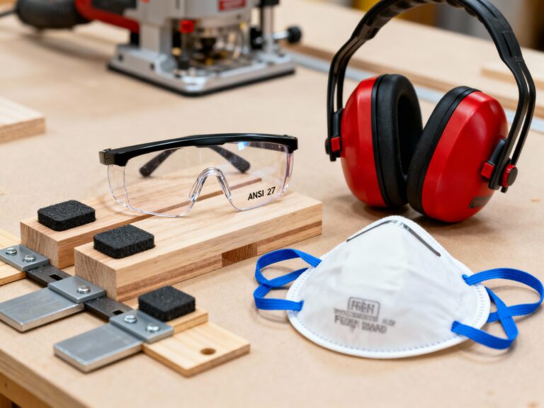 Complete router safety equipment kit showing essential protective gear and accessories for safe woodworking operations