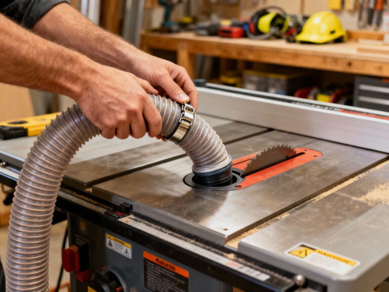Proper workshop dust collection hose attachment technique showing secure connection to table saw for maximum sawdust capture efficiency