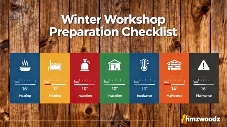 create a Horizontal 16:9 infographic titled "Winter Workshop Preparation Checklist" showing 7 color-coded sections with seasonal preparation steps, temperature thresholds, and maintenance schedules in a professional layout with wood-textured background.small hmzwoodz in the right end of the image