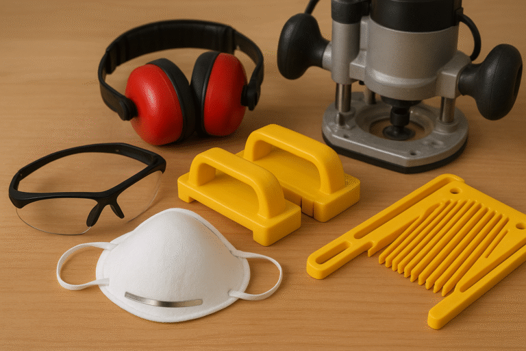 Complete router safety rules beginners checklist showing essential protective gear and accessories for safe woodworking operations
