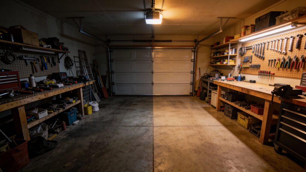 DIY workshop organization tips showing dramatic before and after transformation of cluttered garage workshop space.