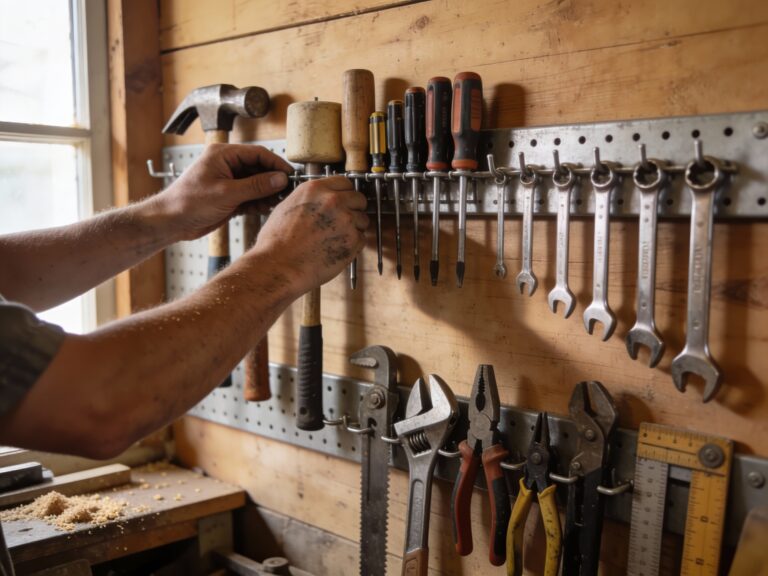 DIY workshop organization tips showing hands-on installation of practical tool storage system for quick access during projects