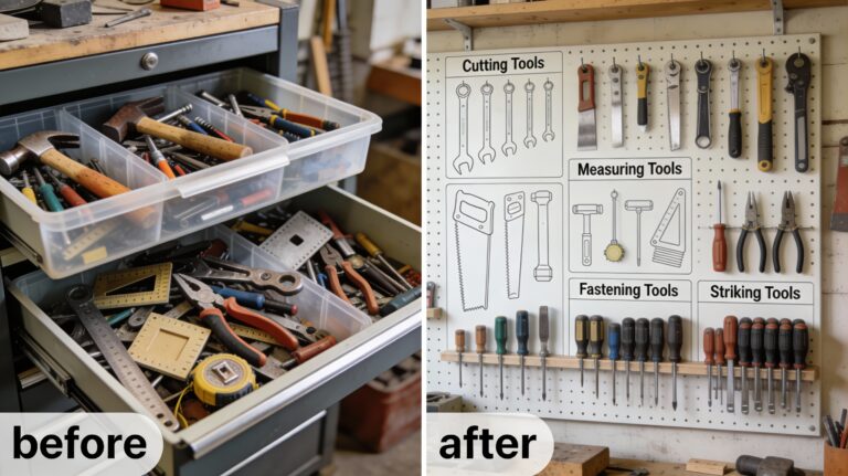 DIY workshop organization tips showing before and after results of proper tool storage system for hand tools.