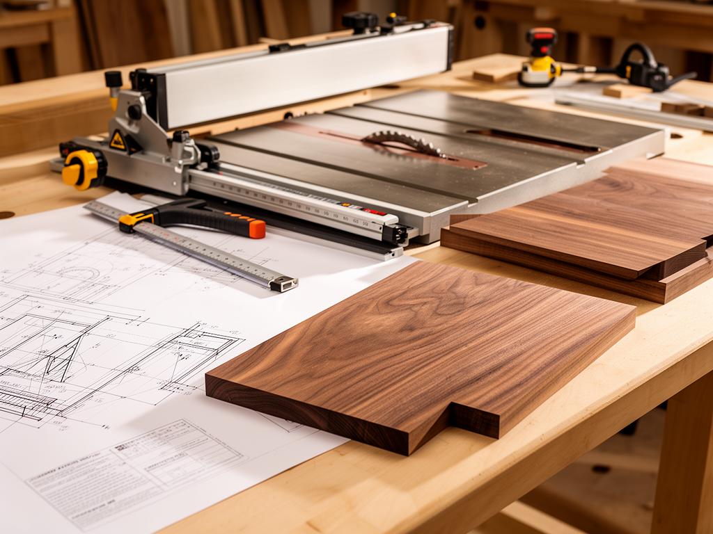 Professional table saw with precision measuring tools and blueprints