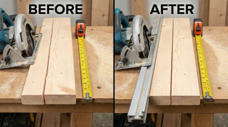 able saw fence parallel to blade results showing before and after of proper alignment for consistent rip cuts.