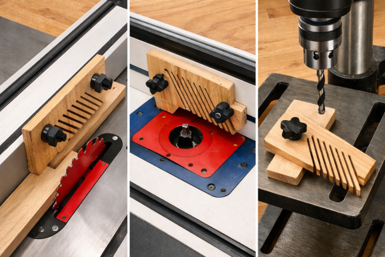 DIY featherboard from wood scrap showing 3 configurations for table saw, router table, and drill press for perfect woodworking cuts
