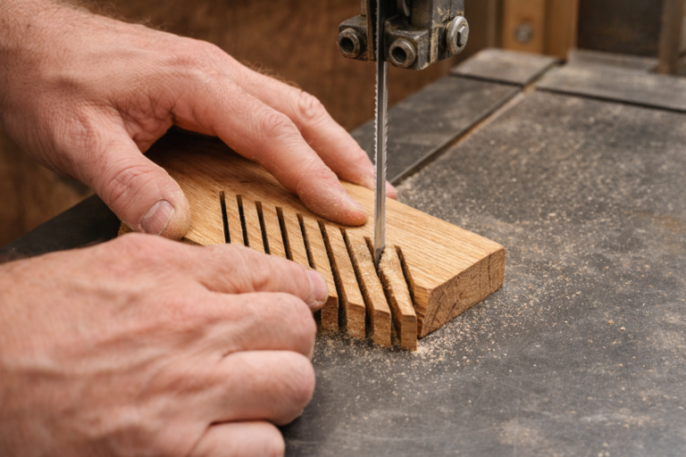 How to build DIY featherboard from wood scrap showing hands-on technique for cutting flexible fingers that provide consistent pressure.
