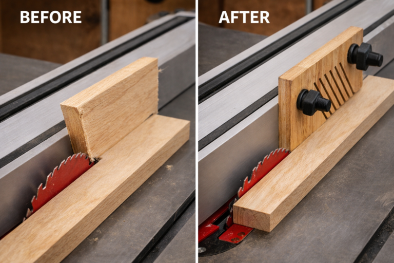 DIY featherboard from wood scrap showing before and after results of proper workpiece pressure for clean, safe cuts
