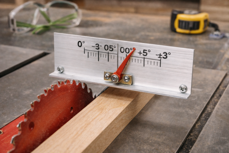 Table saw blade wobble test without dial indicator showing DIY aluminum angle method for accurate TIR measurement