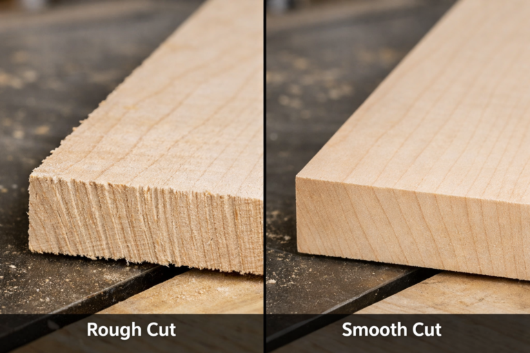 Table saw blade wobble test results showing before and after cut quality improvement from fixing runout issues