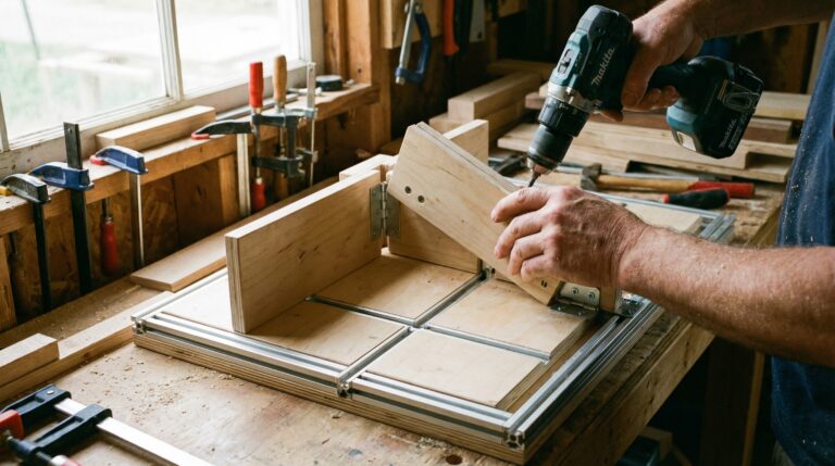How to build small workshop table saw setup with compact folding crosscut sled for tight spaces.