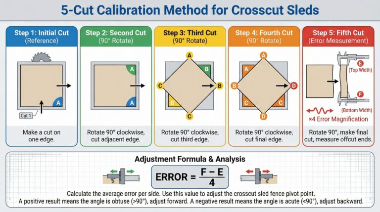 Step-by-step infographic showing how to build a crosscut sled calibration process using the 5-cut method for dead-square accuracy