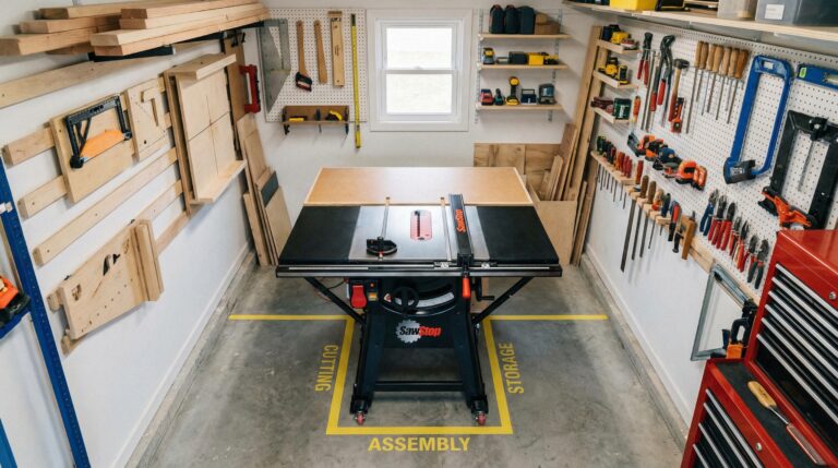 Small workshop table saw setup showing DIY jigs and space-saving solutions for tight 6x8 foot garage workshops