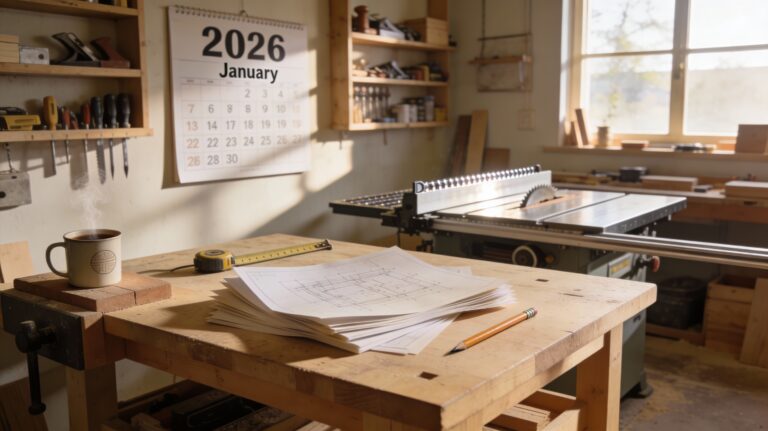 How to plan woodworking projects for 2026 showing organized workshop with planning materials for successful year ahead