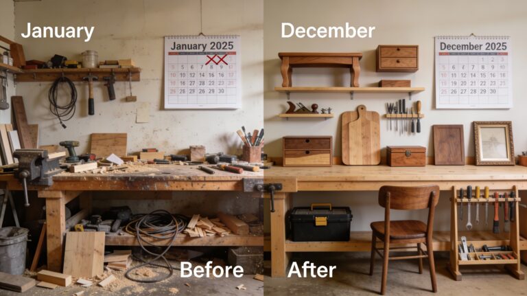 How to plan woodworking projects for 2026 showing results of following 12-month roadmap system with completed projects.