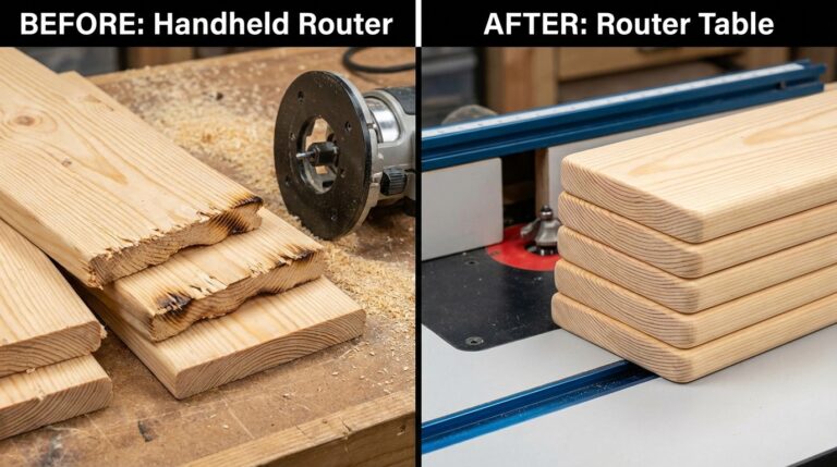 How to build a router table results showing before and after of proper setup for consistent, professional woodworking routing