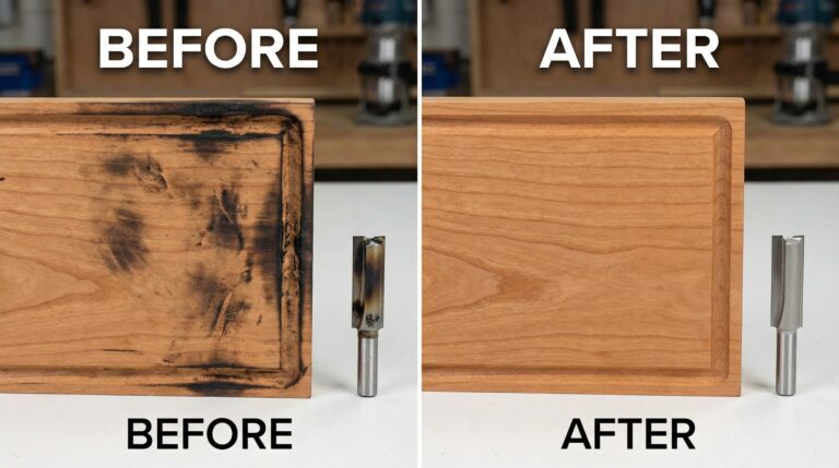 Why your router bit burns wood results showing before and after of proper speed and feed rate for clean woodworking routing