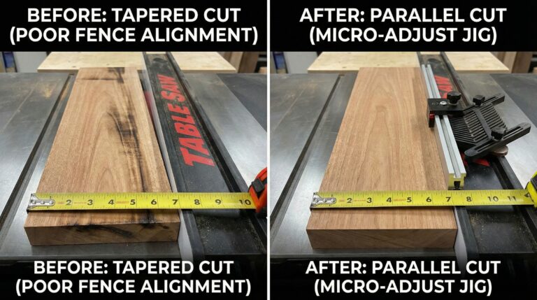 Table saw fence micro-adjust jig results showing before and after of proper alignment for consistent, precise rip cuts