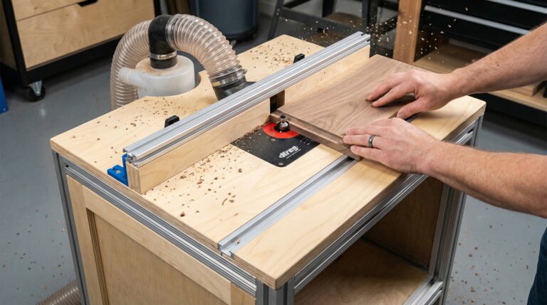 How to build a router table showing hands-on installation of router lift mechanism for precise height adjustment