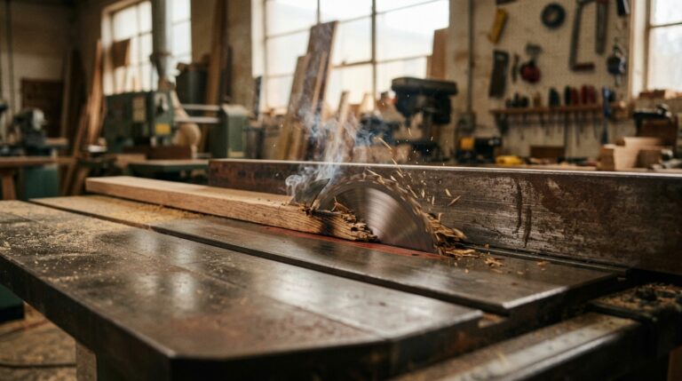Table saw kickback causes: rip fence toeing in toward the blade at the outfeed end