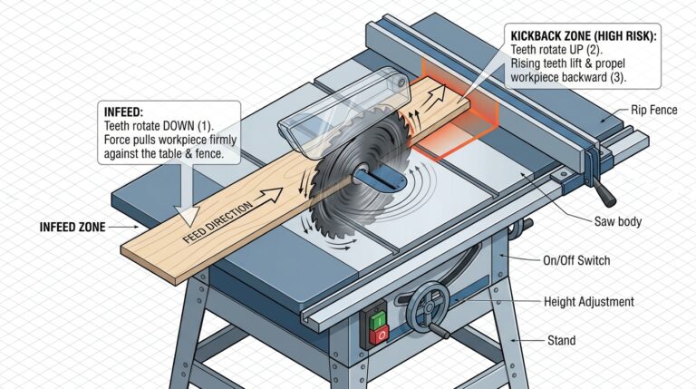 Diagram of table saw blade rotation showing the rising teeth at the back of the blade