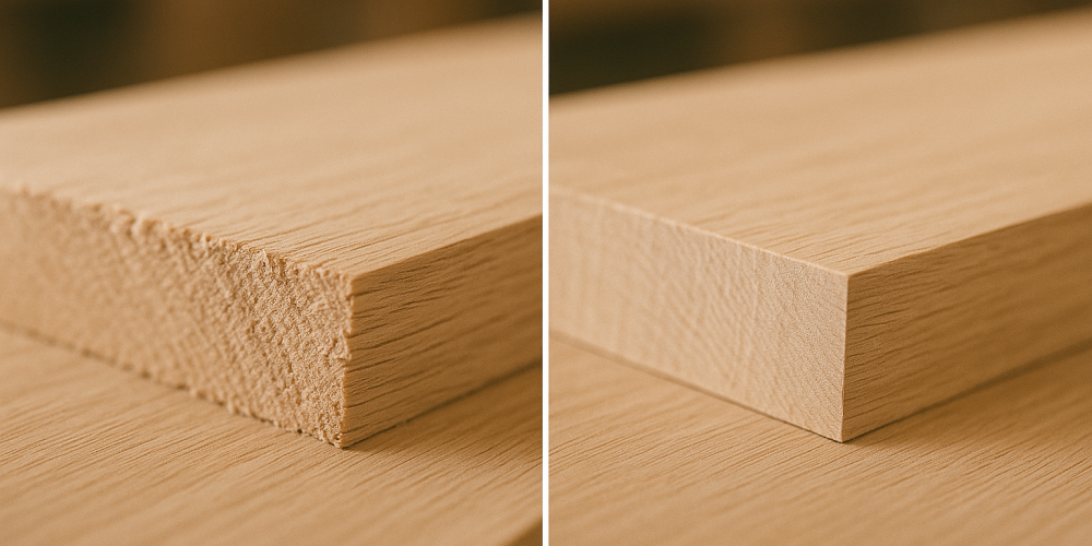 Table saw guide results: poor crosscut vs professional quality dead-square crosscut